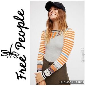 Free People Sweet Gal Thermal Top in Grey Combo Sweater Sleeves size xs